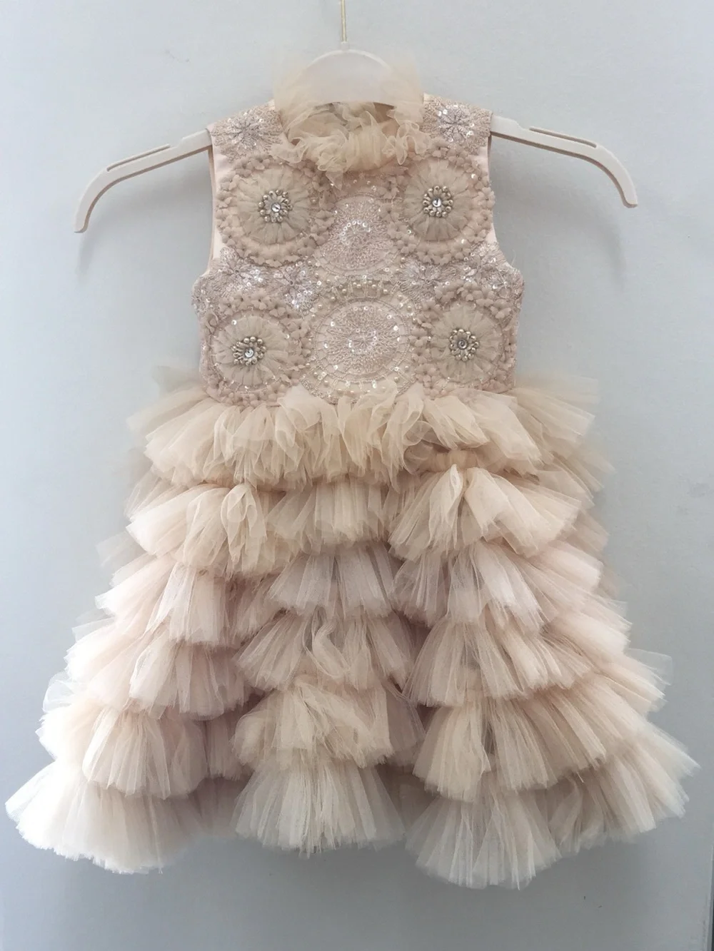 Ivory Beaded Tulle Ruffle Dress